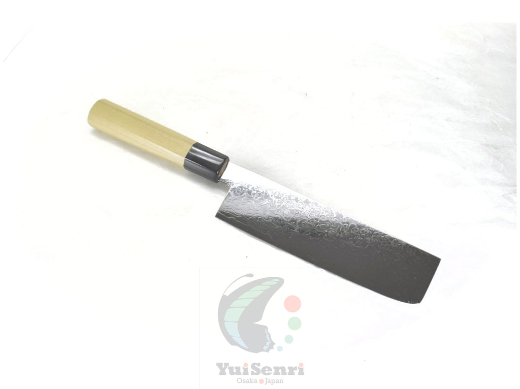 Yoshihiro Ginsan Damascus Nakiri 170 mm - Stainless Chef's Nakiri with Excellent Edge Retention and Easy Maintenance, Magnolia Handle